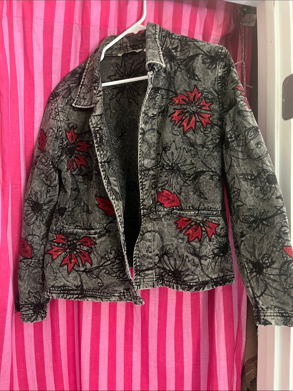 French Laundry Gray Denim Jacket with Red Floral Embroidery